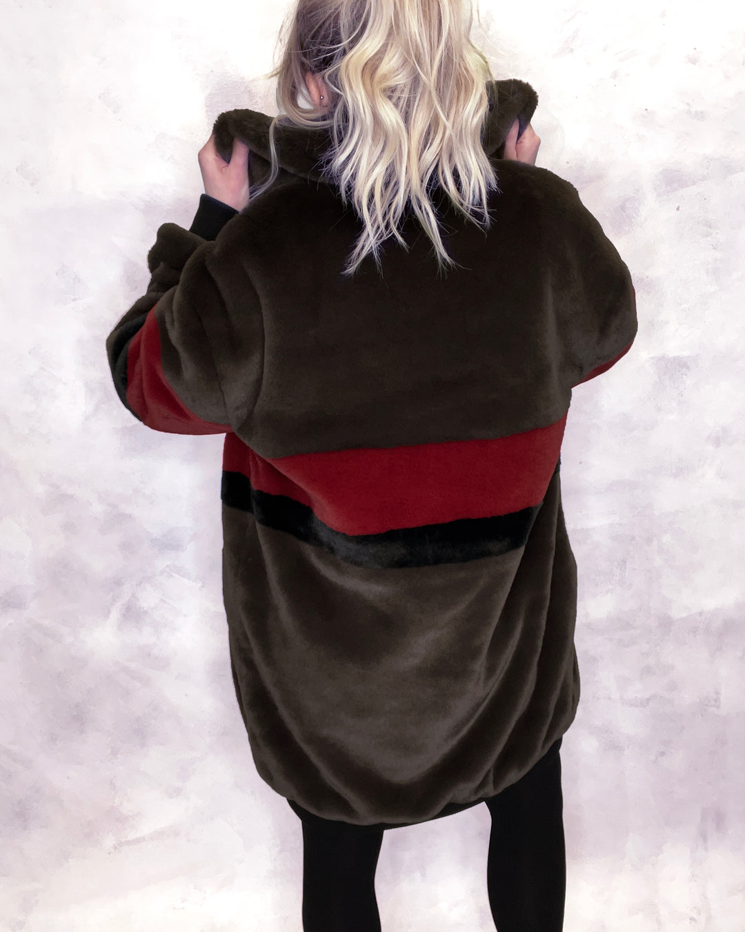 Brown & Red Faux Fur Long Bomber Jacket