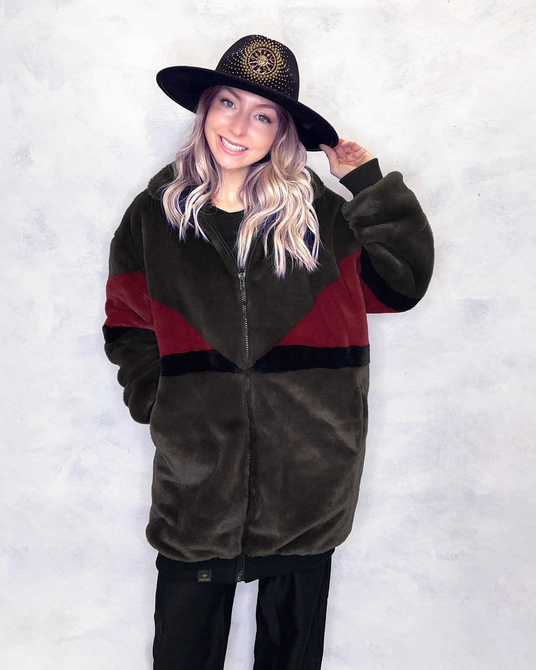 Brown & Red Faux Fur Long Bomber Jacket