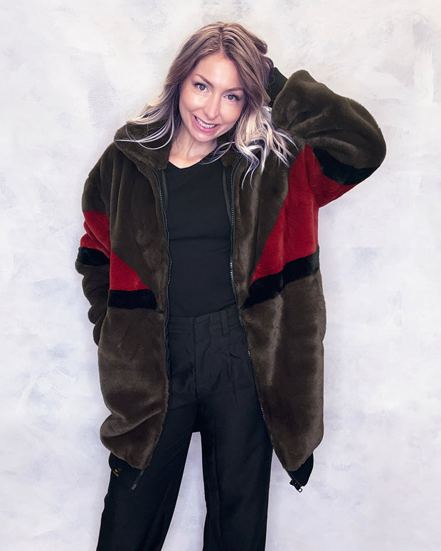Brown & Red Faux Fur Long Bomber Jacket