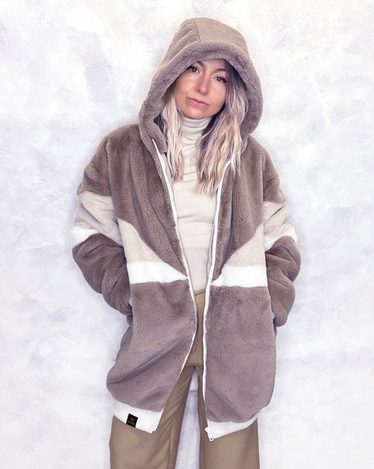 Taupe & Cream Faux Fur Hooded Long Bomber Jacket