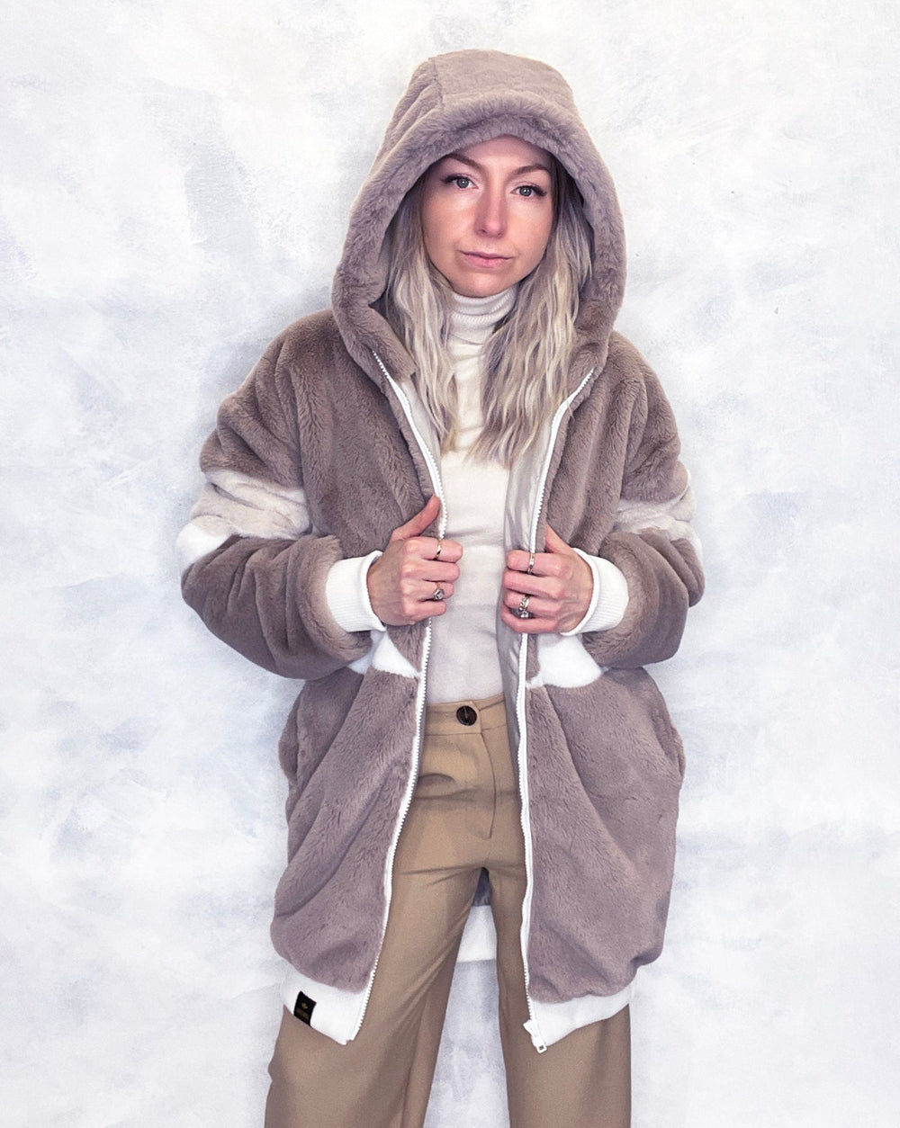 Taupe & Cream Faux Fur Hooded Long Bomber Jacket