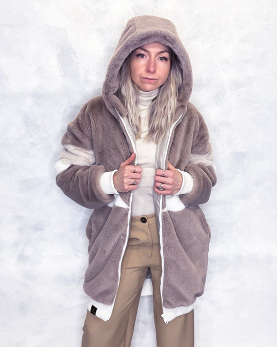 Taupe & Cream Faux Fur Hooded Long Bomber Jacket