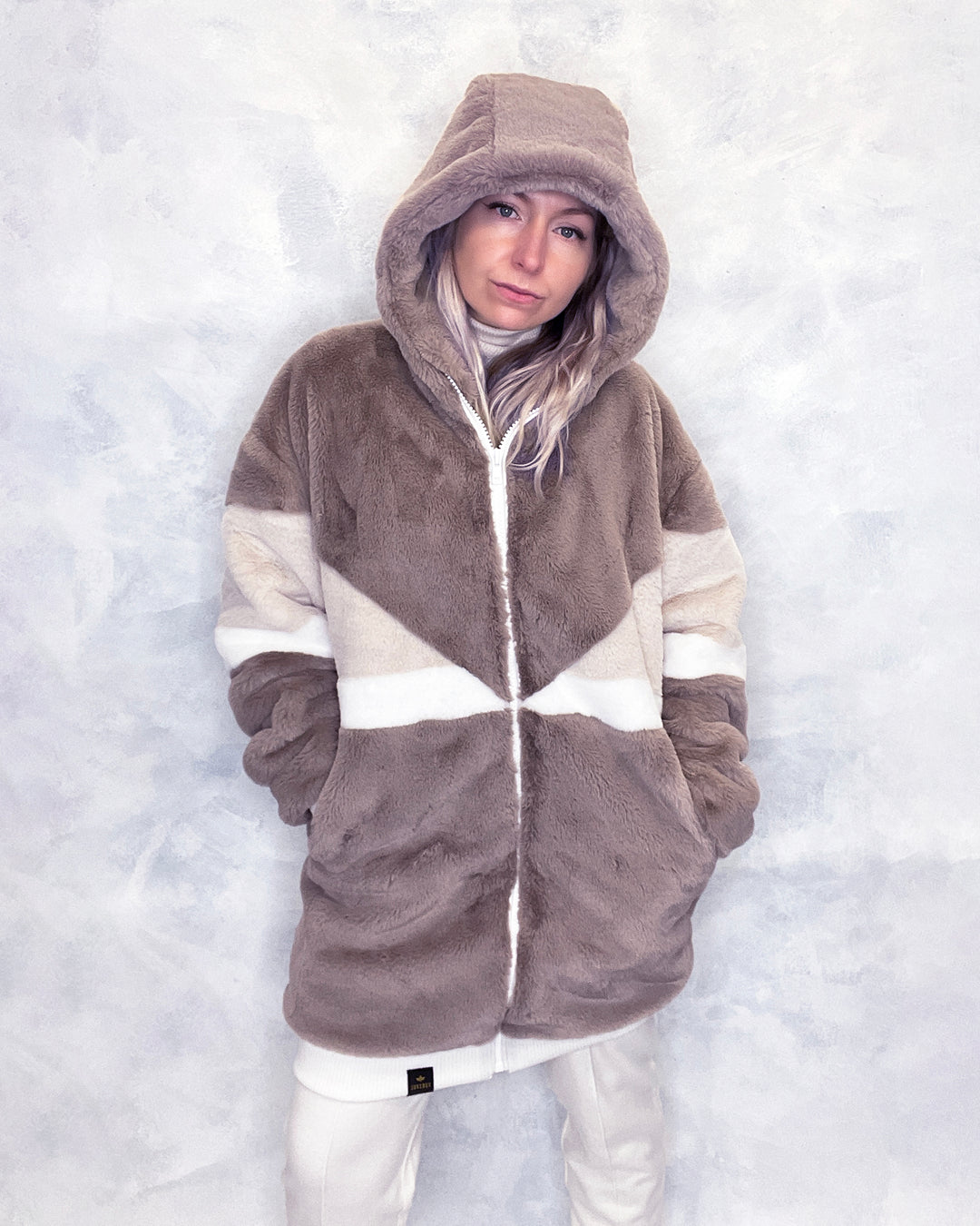 Taupe & Cream Faux Fur Hooded Long Bomber Jacket