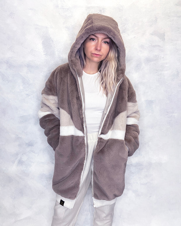 Taupe & Cream Faux Fur Hooded Long Bomber Jacket