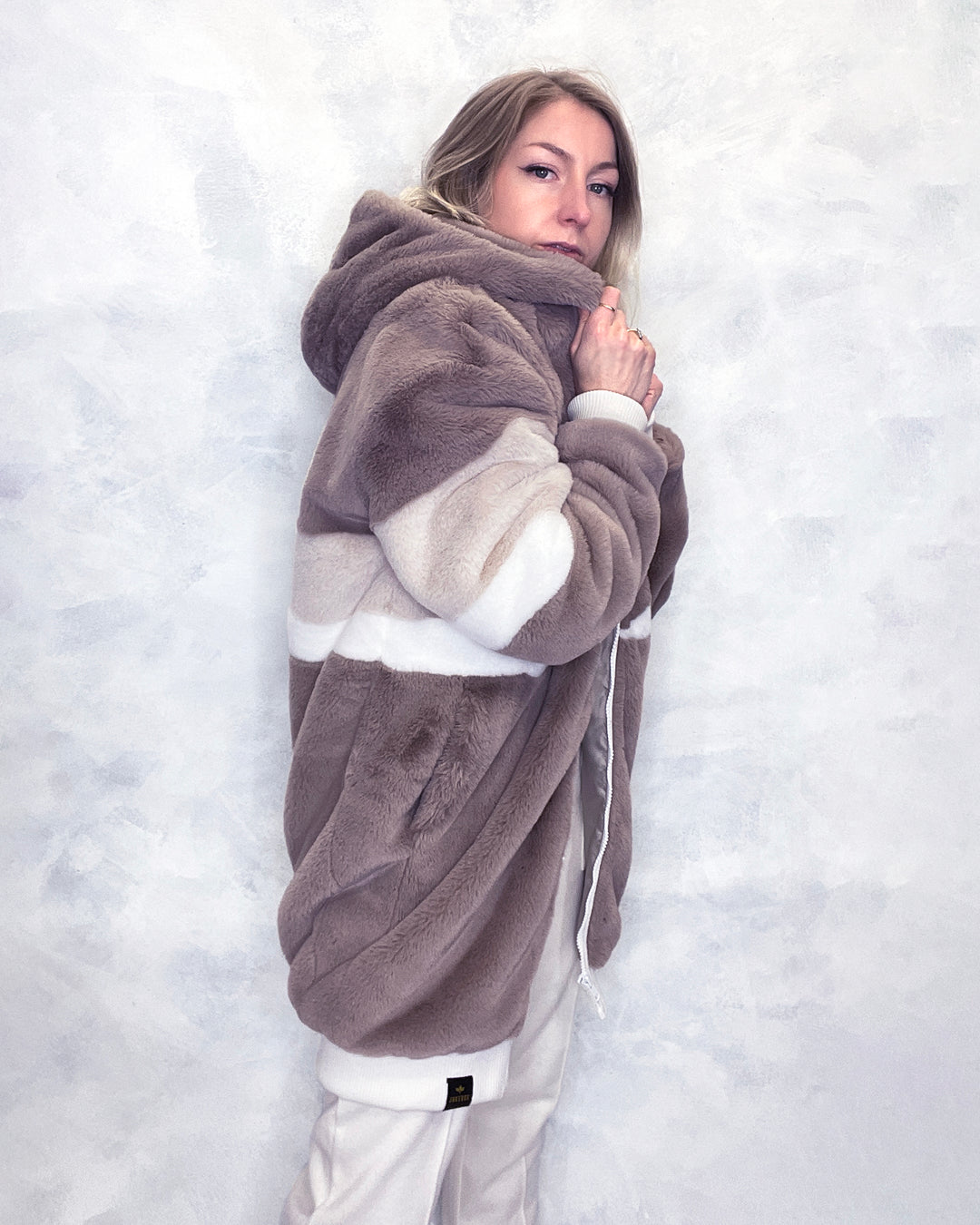 Taupe & Cream Faux Fur Hooded Long Bomber Jacket