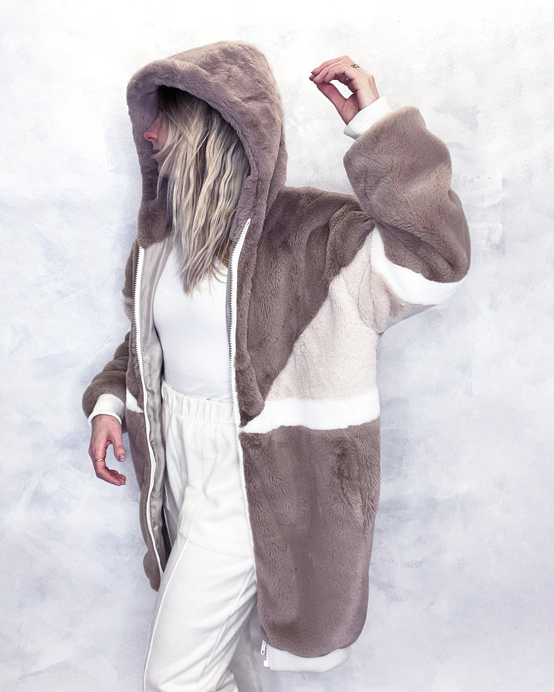 Taupe & Cream Faux Fur Hooded Long Bomber Jacket