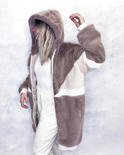 Taupe & Cream Faux Fur Hooded Long Bomber Jacket