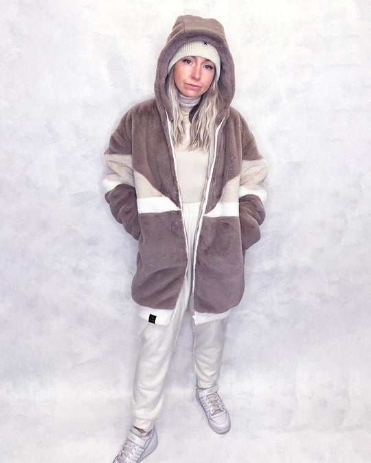 Taupe & Cream Faux Fur Hooded Long Bomber Jacket