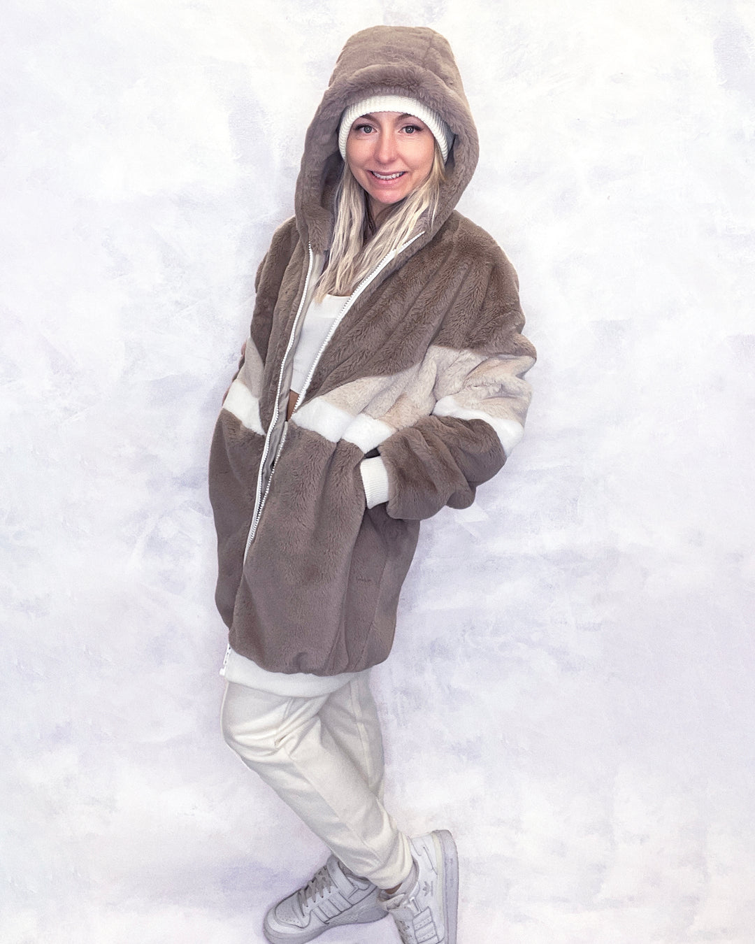 Taupe & Cream Faux Fur Hooded Long Bomber Jacket