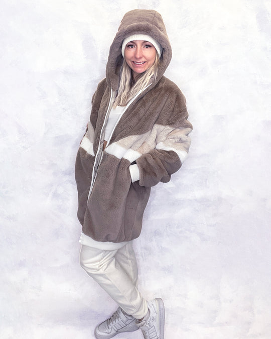 Taupe & Cream Faux Fur Hooded Long Bomber Jacket