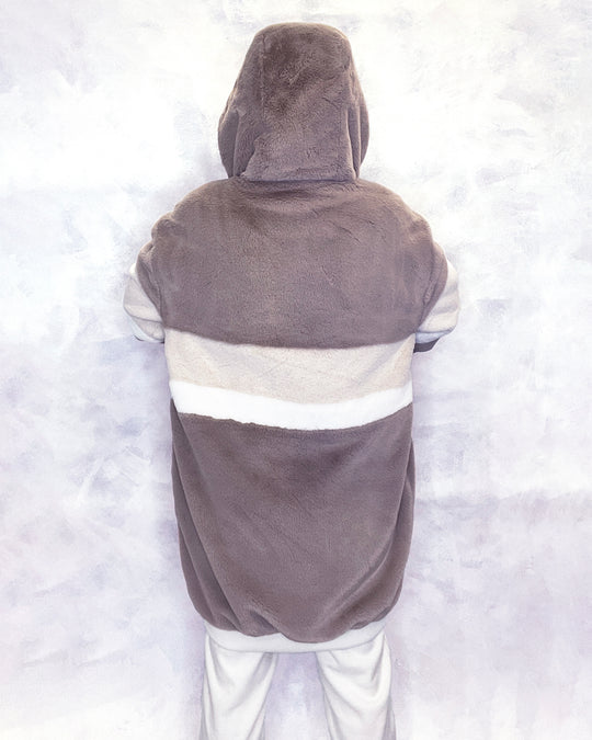 Taupe & Cream Faux Fur Hooded Long Bomber Jacket