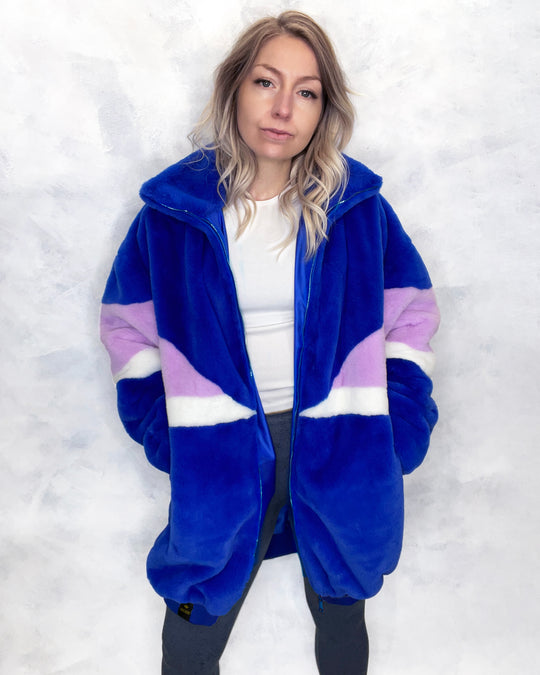 Royal Blue & Lilac Faux Fur Long Bomber Jacket
