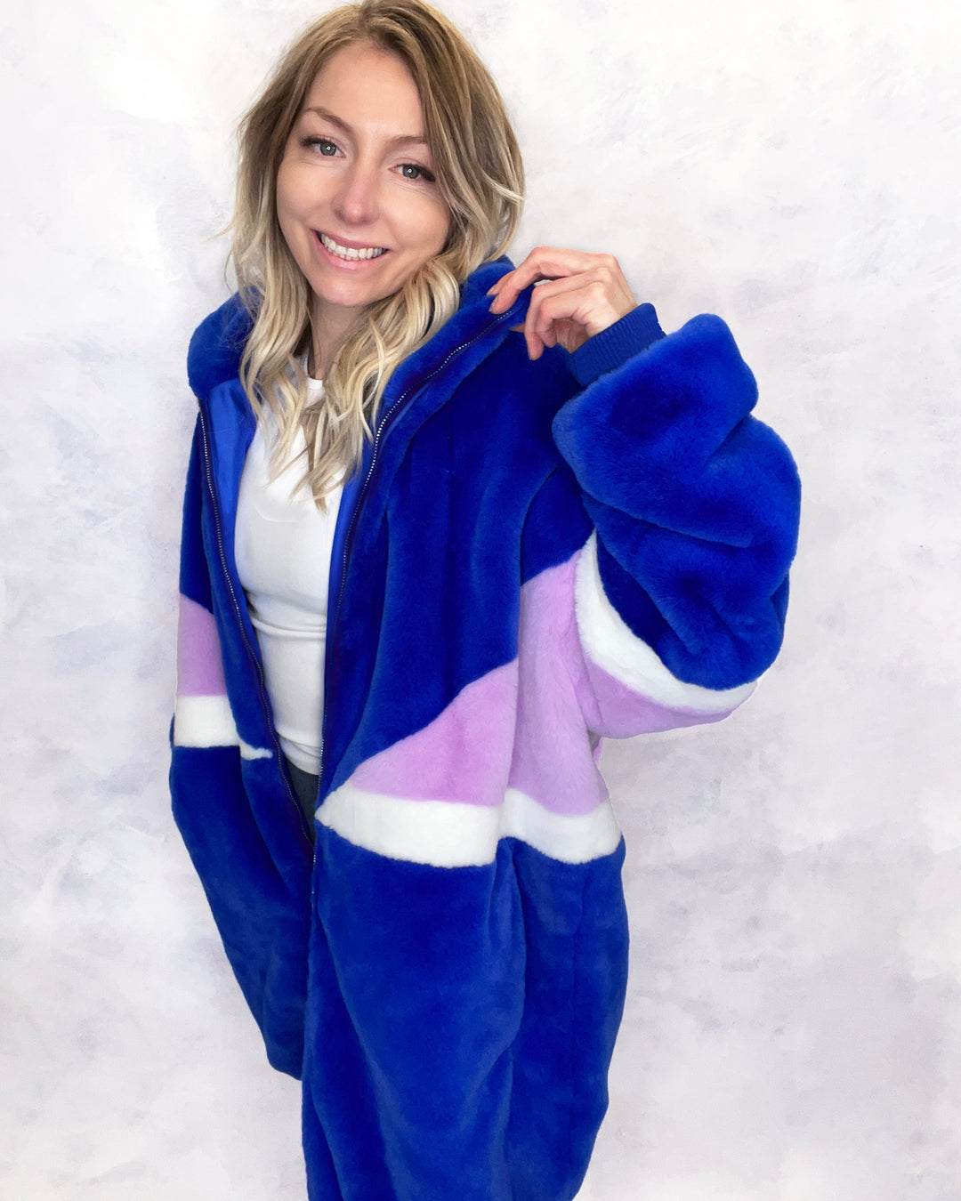 Royal Blue & Lilac Faux Fur Long Bomber Jacket