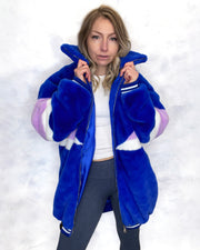 Royal Blue & Lilac Faux Fur Long Bomber Jacket