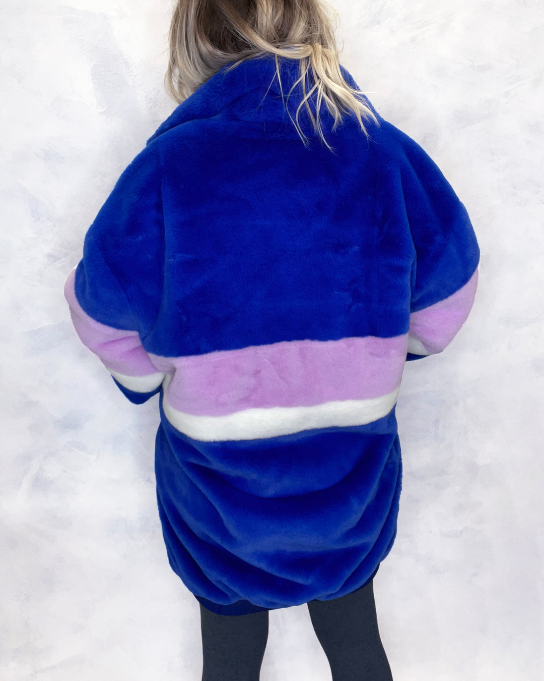 Royal Blue & Lilac Faux Fur Long Bomber Jacket