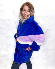 Royal Blue & Lilac Faux Fur Long Bomber Jacket