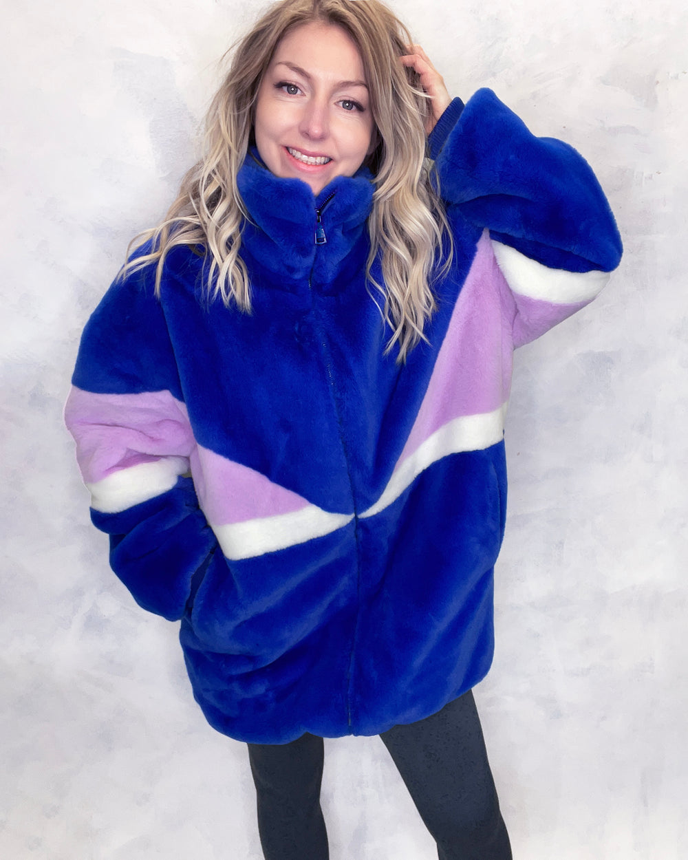 Royal Blue & Lilac Faux Fur Long Bomber Jacket