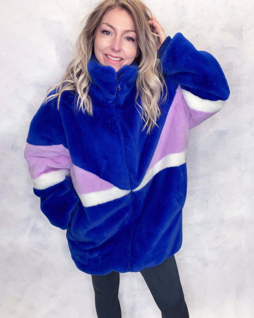 Royal Blue & Lilac Faux Fur Long Bomber Jacket