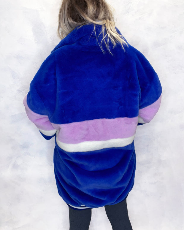 Royal Blue & Lilac Faux Fur Long Bomber Jacket