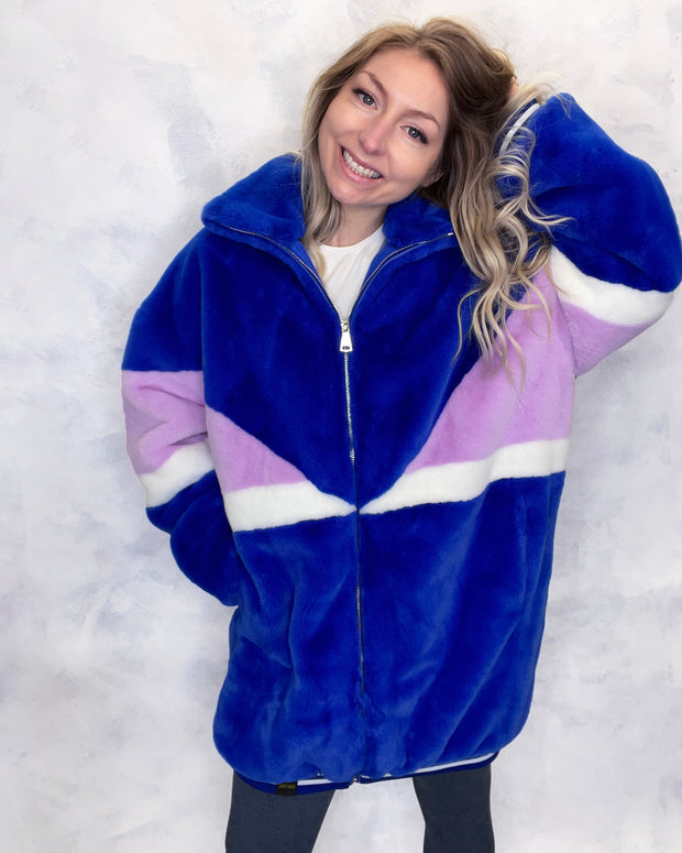 Royal Blue & Lilac Faux Fur Long Bomber Jacket