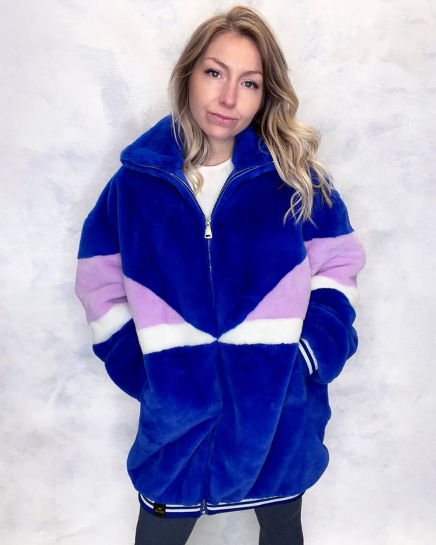 Royal Blue & Lilac Faux Fur Long Bomber Jacket