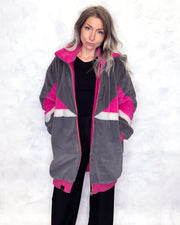 Grey & Pink Faux Fur Long Bomber Jacket