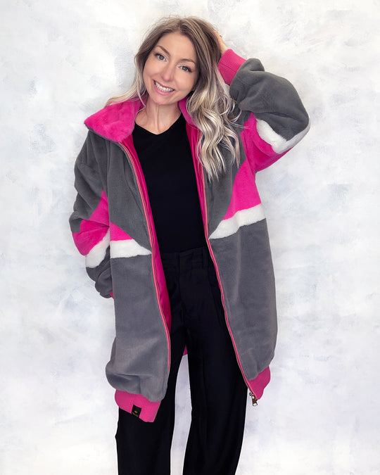 Grey & Pink Faux Fur Long Bomber Jacket