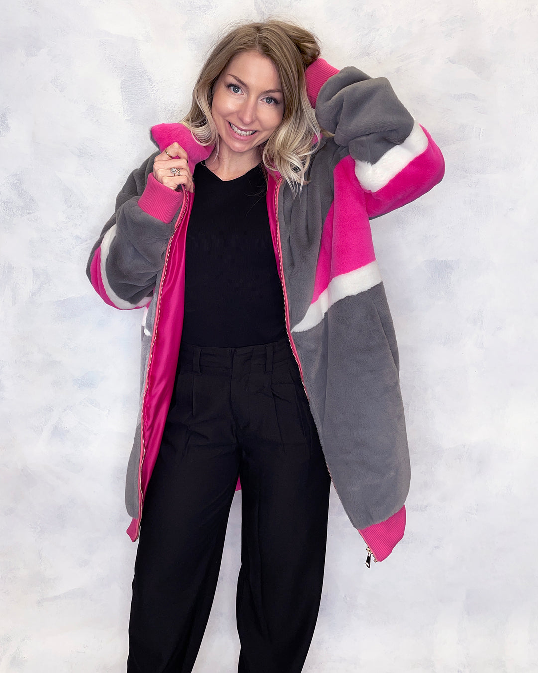 Grey & Pink Faux Fur Long Bomber Jacket