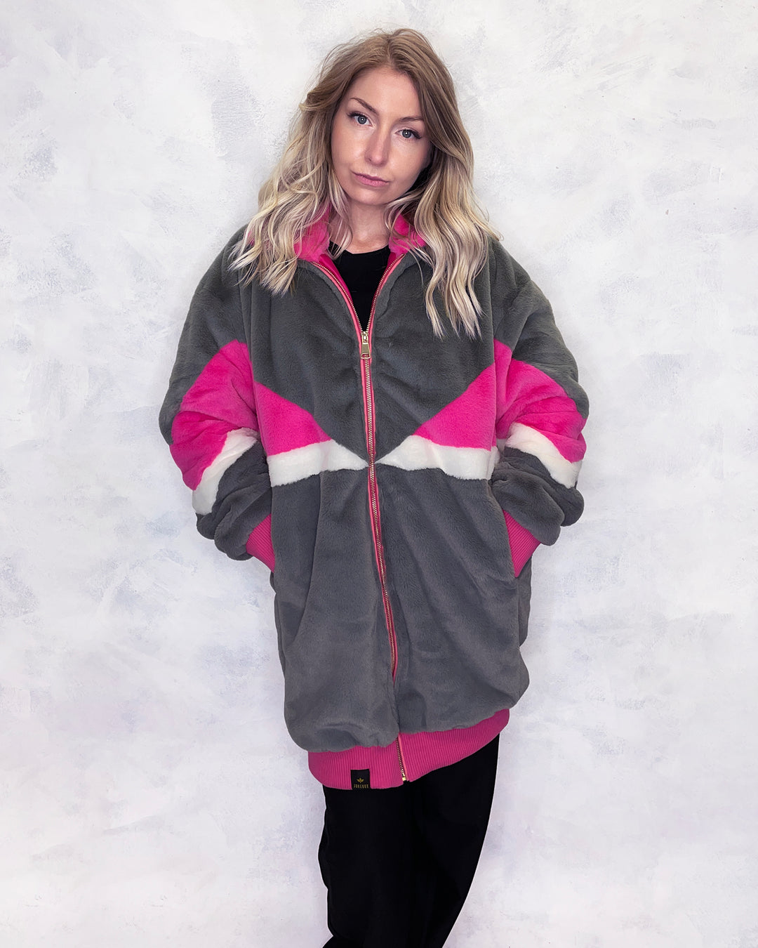 Grey & Pink Faux Fur Long Bomber Jacket