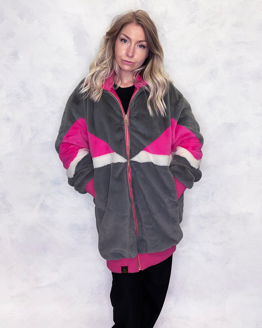 Grey & Pink Faux Fur Long Bomber Jacket