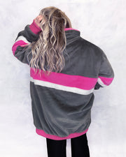 Grey & Pink Faux Fur Long Bomber Jacket
