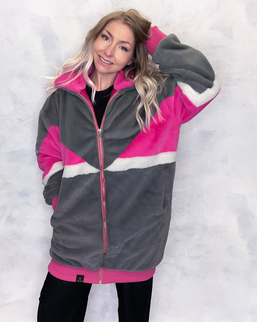 Grey & Pink Faux Fur Long Bomber Jacket