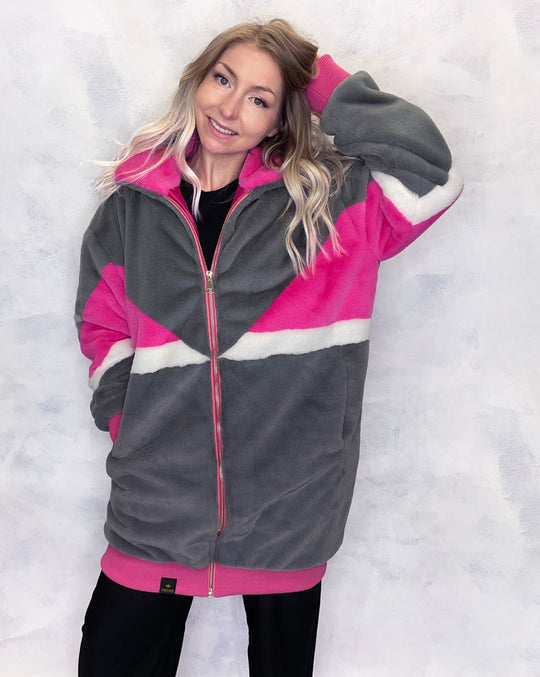 Grey & Pink Faux Fur Long Bomber Jacket