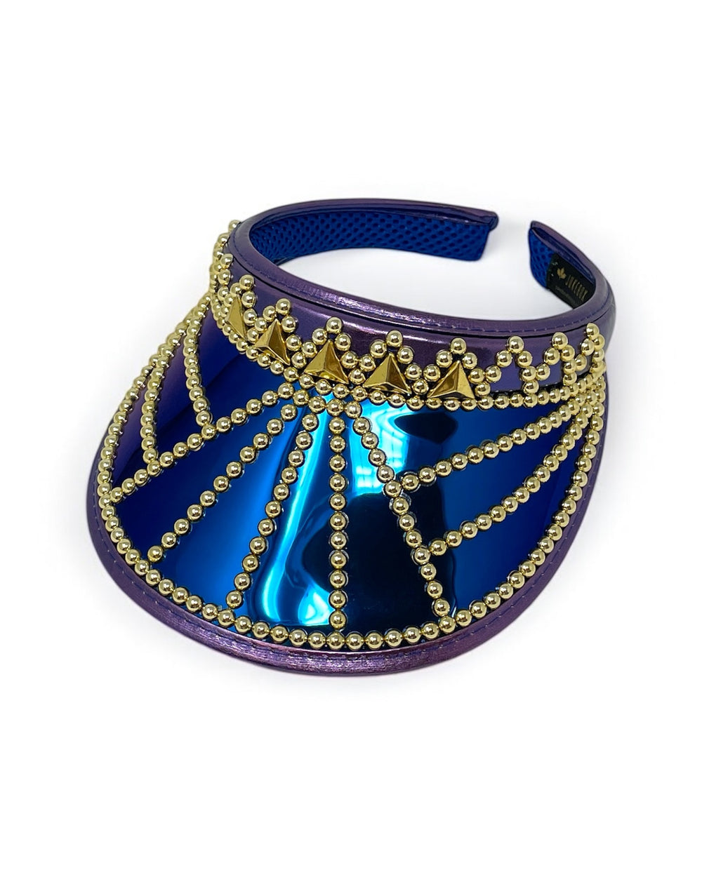 Purple faux leather sun visor hat with royal blue reflective and royal blue glitter under peak. Embellished with gold colour metal triangle rivets and metallic gold pearl like rhinestones. Disco hat, festival hat, dance wear, stage wear, festival fashion, party hat, rave outfit