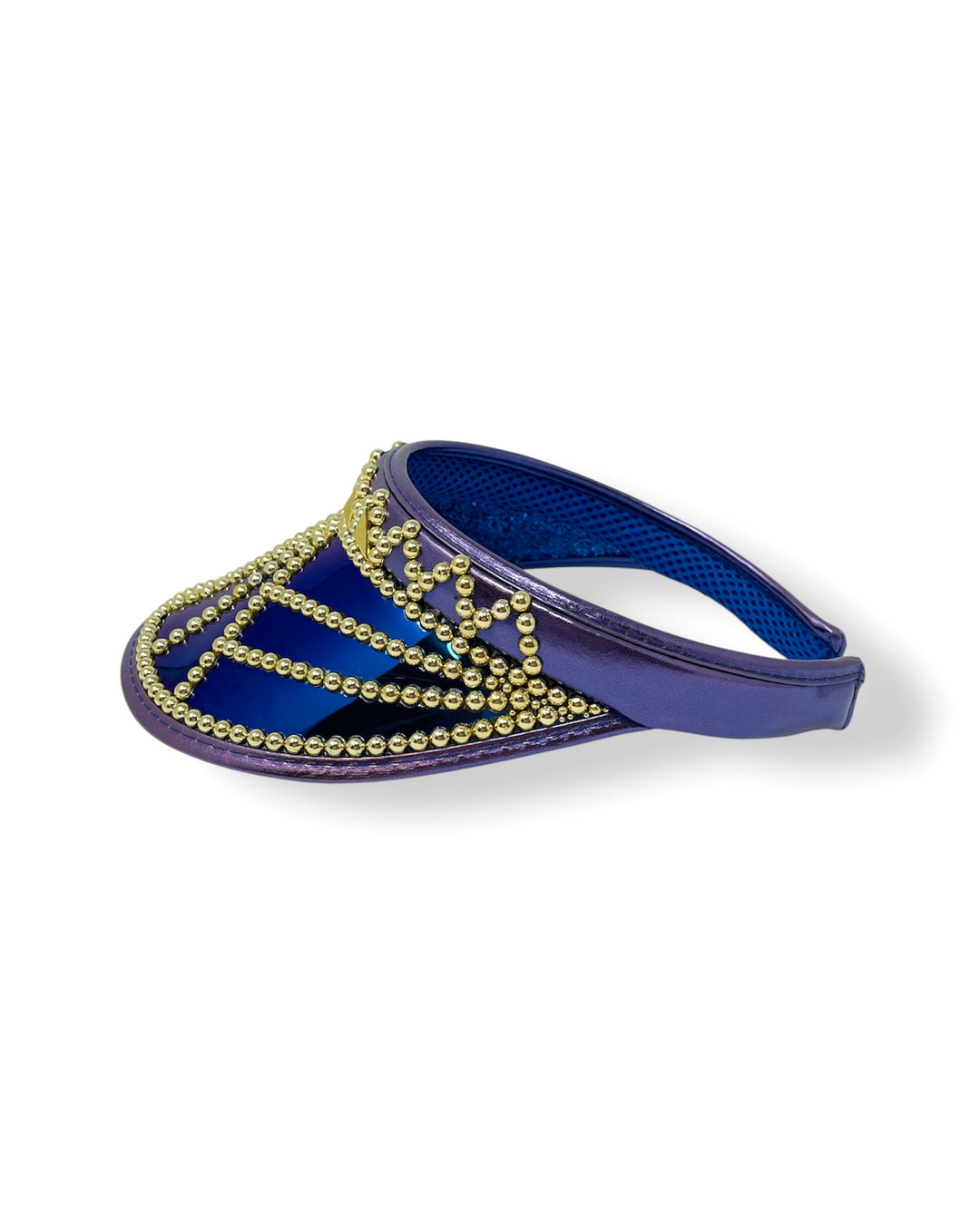 Purple faux leather sun visor hat with royal blue reflective and royal blue glitter under peak. Embellished with gold colour metal triangle rivets and metallic gold pearl like rhinestones. Disco hat, festival hat, dance wear, stage wear, festival fashion, party hat, rave outfit
