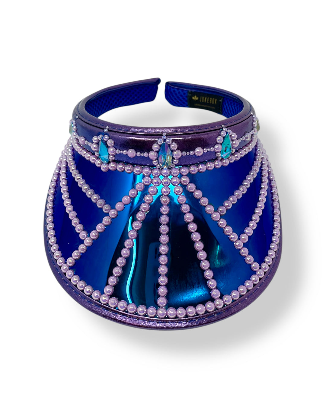 Purple faux leather sun visor hat with royal blue reflective and royal blue glitter under peak. Embellished with Blue tear drop rhinestones and lilac pearl like rhinestones. Disco hat, festival hat, dance wear, stage wear, festival fashion, party hat, rave outfit