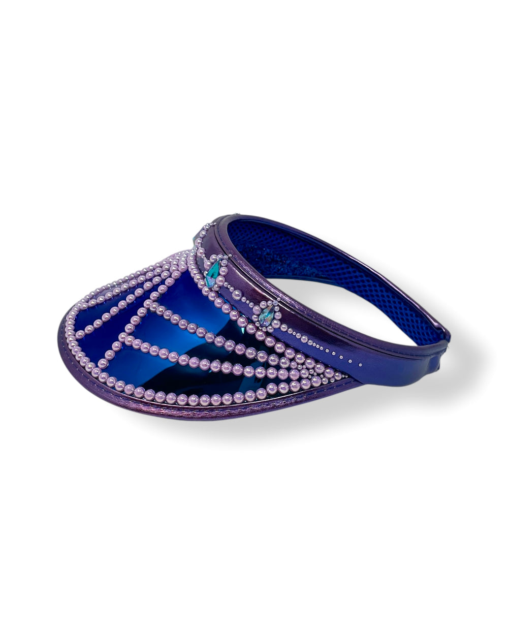 Purple faux leather sun visor hat with royal blue reflective and royal blue glitter under peak. Embellished with Blue tear drop rhinestones and lilac pearl like rhinestones. Disco hat, festival hat, dance wear, stage wear, festival fashion, party hat, rave outfit