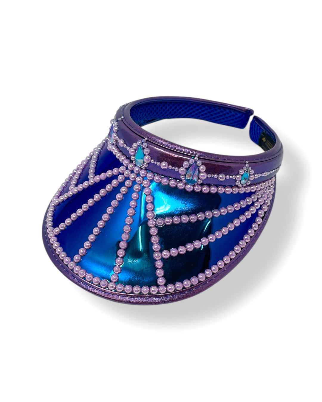 Purple faux leather sun visor hat with royal blue reflective and royal blue glitter under peak. Embellished with Blue tear drop rhinestones and lilac pearl like rhinestones. Disco hat, festival hat, dance wear, stage wear, festival fashion, party hat, rave outfit