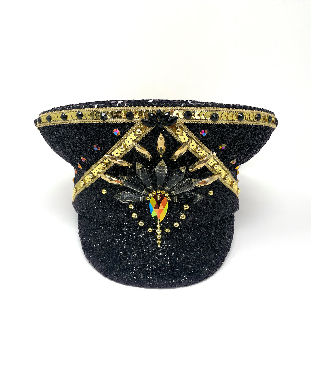 Black and Gold captain hat. Authentic up cycled military hat, fully lined, hand embellished with black glitter mix. Black gold flip sequin top, hand detailed with sequin trim, crystals and rhinestones. costume hat, festival hat, festival outfit, statement hat, high end hats, high end party wear, where to buy captain hats, stage wear, unique fashion, festival essentials, festival headwear, halloween, burning man hat, army hat, rave outfit, festival style, unique fashion, mermaid sequin, hats for rent