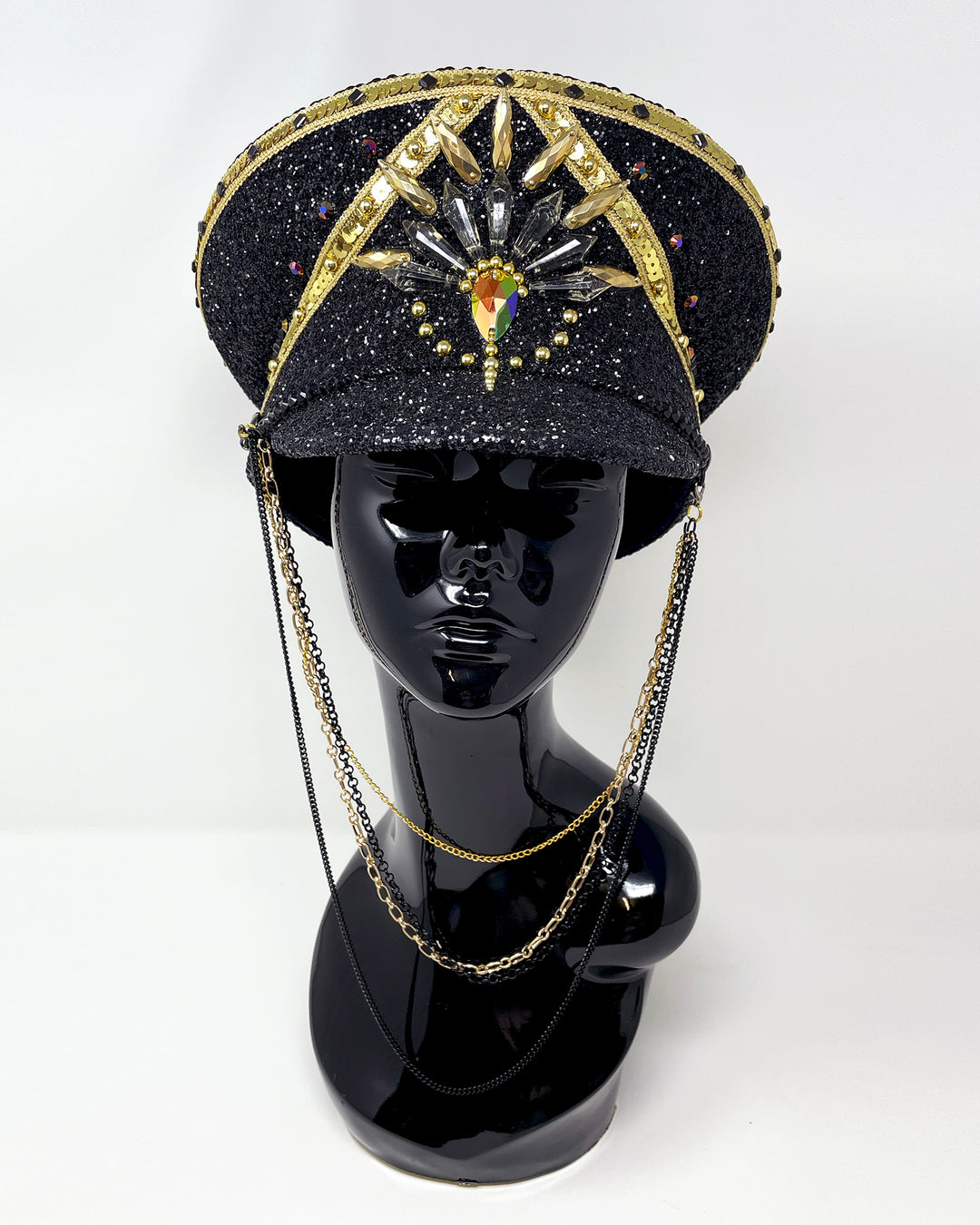 Black and Gold captain hat. Authentic up cycled military hat, fully lined, hand embellished with black glitter mix. Black gold flip sequin top, hand detailed with sequin trim, crystals and rhinestones. costume hat, festival hat, festival outfit, statement hat, high end hats, high end party wear, where to buy captain hats, stage wear, unique fashion, festival essentials, festival headwear, halloween, burning man hat, army hat, rave outfit, festival style, unique fashion, mermaid sequin, hats for rent