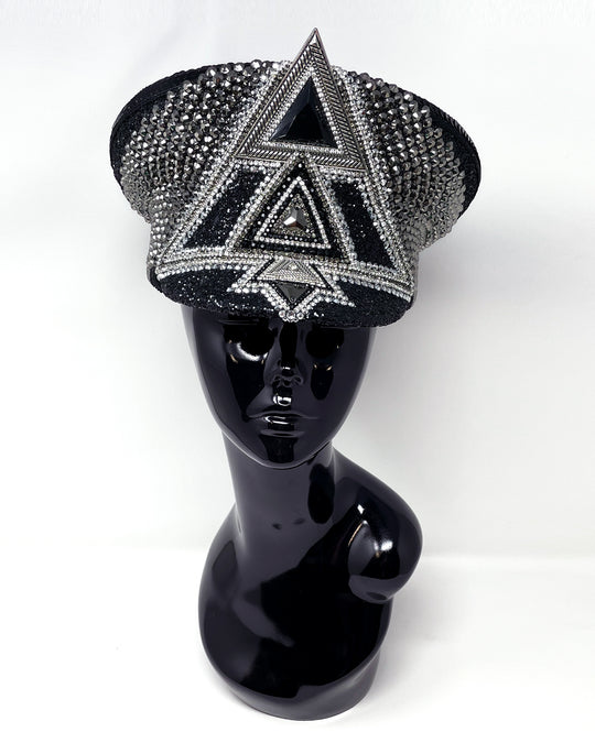 Black and silver Bermuda captain hat. Authentic up cycled military hat embellished with glitter, silver motive and rhinestones. Stage wear, rave outfit, costume hat, sequin hat, festival wear, statement hat, unique festival hat, handmade hat, costume hat, reworked, best captain hats, army hat, handmade in the UK, high end hat, high end party, halloween hat, halloween outfit, festival fashion, festival style, festival outfit