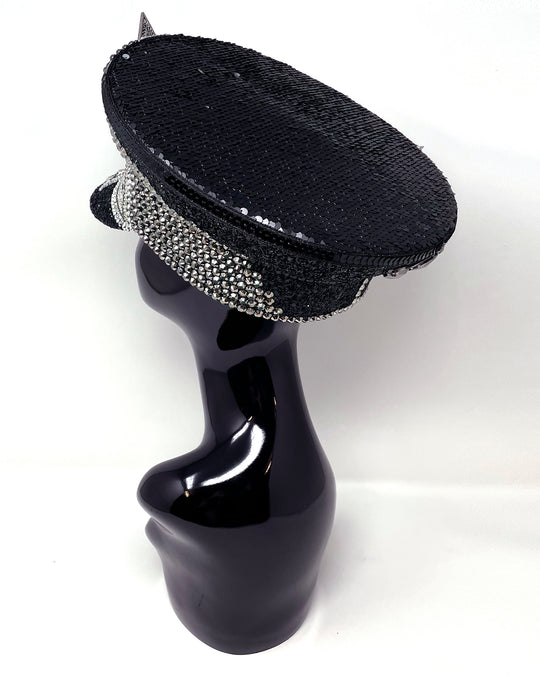 Black and silver Bermuda captain hat. Authentic up cycled military hat embellished with glitter, silver motive and rhinestones. Stage wear, rave outfit, costume hat, sequin hat, festival wear, statement hat, unique festival hat, handmade hat, costume hat, reworked, best captain hats, army hat, handmade in the UK, high end hat, high end party, halloween hat, halloween outfit, festival fashion, festival style, festival outfit, mermaid sequin, flip sequin