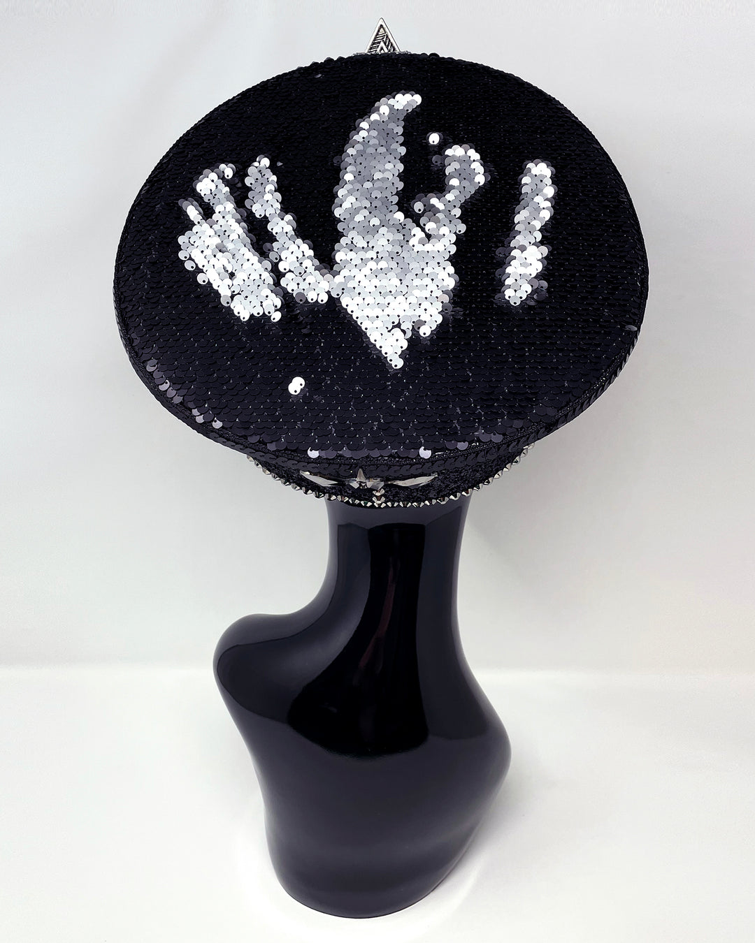 Black and silver Bermuda captain hat. Authentic up cycled military hat embellished with glitter, silver motive and rhinestones. Stage wear, rave outfit, costume hat, sequin hat, festival wear, statement hat, unique festival hat, handmade hat, costume hat, reworked, best captain hats, army hat, handmade in the UK, high end hat, high end party, halloween hat, halloween outfit, festival fashion, festival style, festival outfit, mermaid sequin, flip sequin