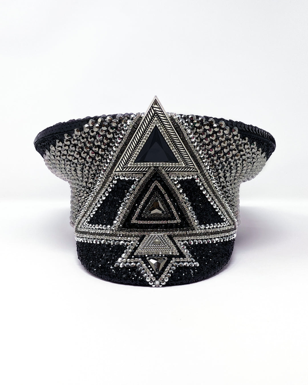 Black and silver Bermuda captain hat. Authentic up cycled military hat embellished with glitter, silver motive and rhinestones. Stage wear, rave outfit, costume hat, sequin hat, festival wear, statement hat, unique festival hat, handmade hat, costume hat, reworked, best captain hats, army hat, handmade in the UK, high end hat, high end party, halloween hat, halloween outfit