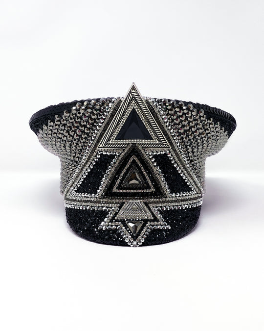 Black and silver Bermuda captain hat. Authentic up cycled military hat embellished with glitter, silver motive and rhinestones. Stage wear, rave outfit, costume hat, sequin hat, festival wear, statement hat, unique festival hat, handmade hat, costume hat, reworked, best captain hats, army hat, handmade in the UK, high end hat, high end party, halloween hat, halloween outfit