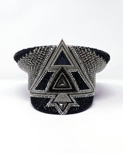 Black and silver Bermuda captain hat. Authentic up cycled military hat embellished with glitter, silver motive and rhinestones. Stage wear, rave outfit, costume hat, sequin hat, festival wear, statement hat, unique festival hat, handmade hat, costume hat, reworked, best captain hats, army hat, handmade in the UK, high end hat, high end party, halloween hat, halloween outfit