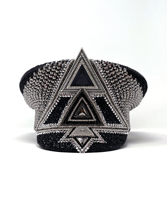 Black and silver Bermuda captain hat. Authentic up cycled military hat embellished with glitter, silver motive and rhinestones. Stage wear, rave outfit, costume hat, sequin hat, festival wear, statement hat, unique festival hat, handmade hat, costume hat, reworked, best captain hats, army hat, handmade in the UK, high end hat, high end party, halloween hat, halloween outfit, festival fashion, festival style, festival outfit, mermaid sequin, flip sequin