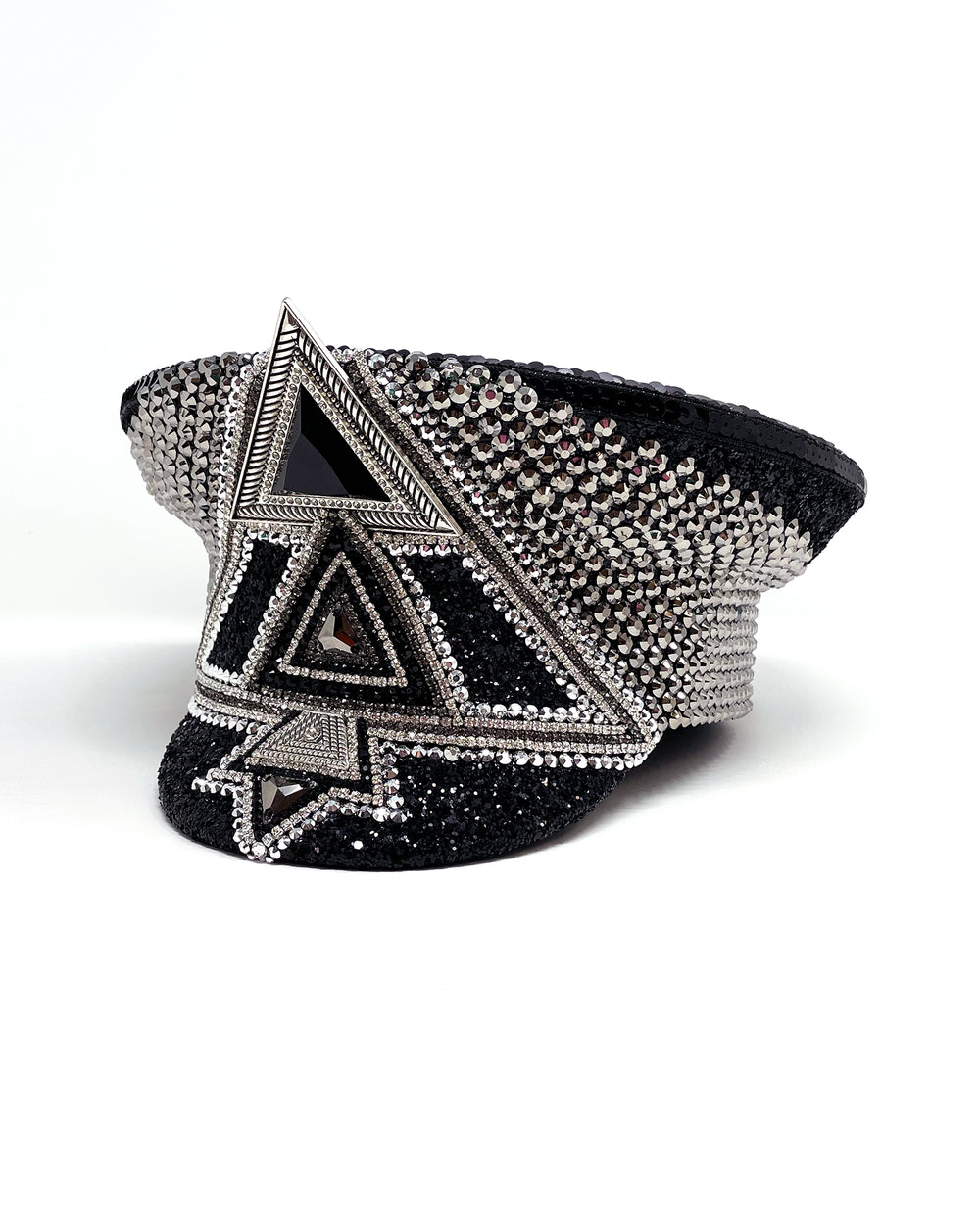 Black and silver Bermuda captain hat. Authentic up cycled military hat embellished with glitter, silver motive and rhinestones. Stage wear, rave outfit, costume hat, sequin hat, festival wear, statement hat, unique festival hat, handmade hat, costume hat, reworked, best captain hats, army hat, handmade in the UK, high end hat, high end party, halloween hat, halloween outfit, festival fashion, festival style, festival outfit