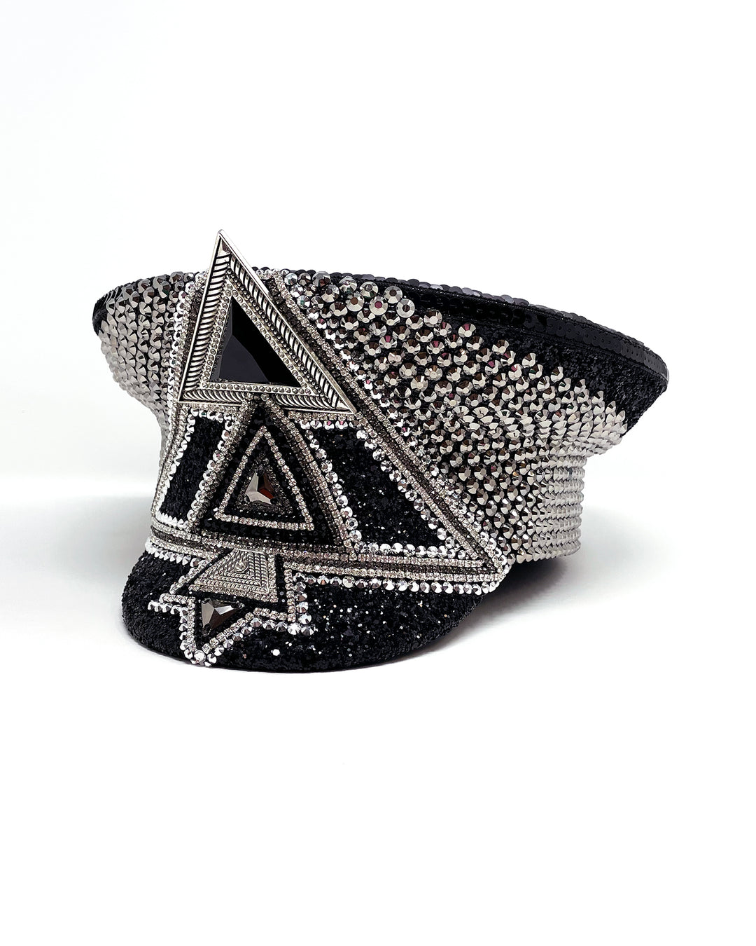 Black and silver Bermuda captain hat. Authentic up cycled military hat embellished with glitter, silver motive and rhinestones. Stage wear, rave outfit, costume hat, sequin hat, festival wear, statement hat, unique festival hat, handmade hat, costume hat, reworked, best captain hats, army hat, handmade in the UK, high end hat, high end party, halloween hat, halloween outfit, festival fashion, festival style, festival outfit