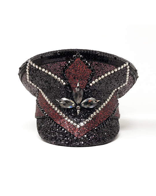 Black and red captain hat, Authentic up cycled military hat, fully lined, hand embellished with black and red glitter mix, beautifully hand detailed with black and red glitter faux leather, square sequin trim, crystals and rhinestones. costume hat, festival hat, festival outfit, statement hat, high end hats, high end party wear, where to buy captain hats, stage wear, unique fashion, custom stagewear, festival essentials, festival headwear, halloween outfit, burning man hat, army hat, made in the UK, rave